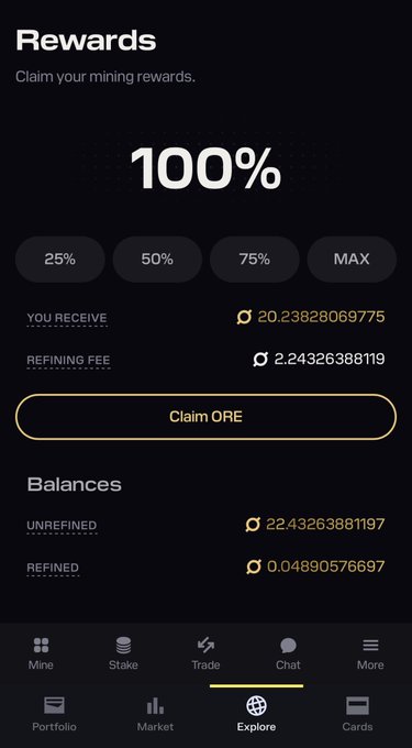 A mobile app screenshot showing a Rewards page with a 100% claim option, displaying balances of 20.238280669775 to receive and a refining fee of 2.24326388119, with a 'Claim ORE' button.