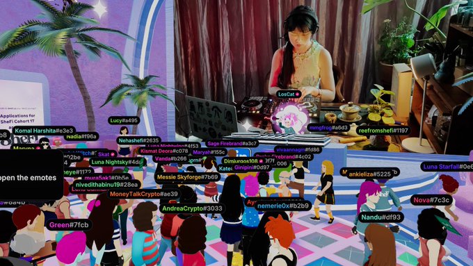 A live stream features a DJ at her turntable setup above a virtual concert scene filled with animated avatars, with usernames like "Komai Harshita," "vihvedithabiru," and "Nandiufdi93" displayed, celebrating the @shefiorg Season 17 cohort graduation.