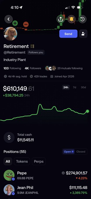 A mobile screenshot of a trading profile named "Retirement" showing a portfolio value of $610,149.61 with major positions in Pepe ($274,901.57) and Jean Phil ($111,115.48).