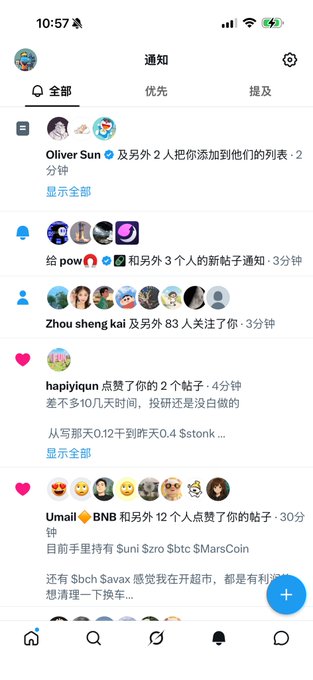 The screenshot shows a Chinese social media notifications page (likely Xiaohongshu/小红书) displaying recent activity including new followers from users like "Oliver Sun," "Zhou sheng kai," and "UMail💎BNB," along with post likes. The accompanying post reflects the user's joy about gaining many new followers and list additions daily from sharing trading insights and promising projects, which aligns with the notifications showing engagement from users interested in crypto (BNB, Sui, Sbtc) and meme coins.