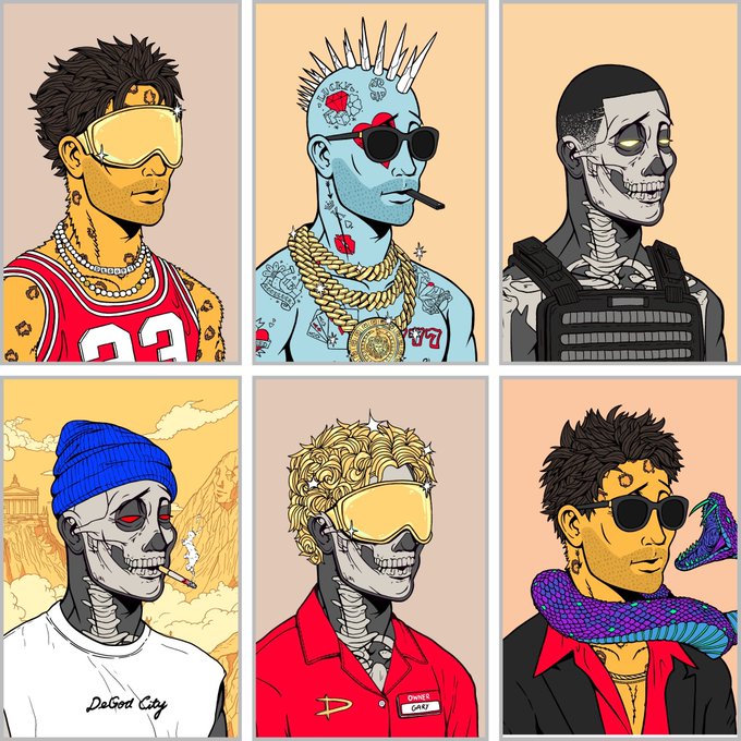 A grid of six stylized illustrated characters featuring skeleton and human figures wearing sunglasses, jewelry, and varied clothing.