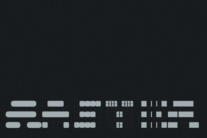 A dark UI/UX design canvas showing various gray placeholder UI components, buttons, grids, and rectangular blocks arranged along the bottom of the screen.