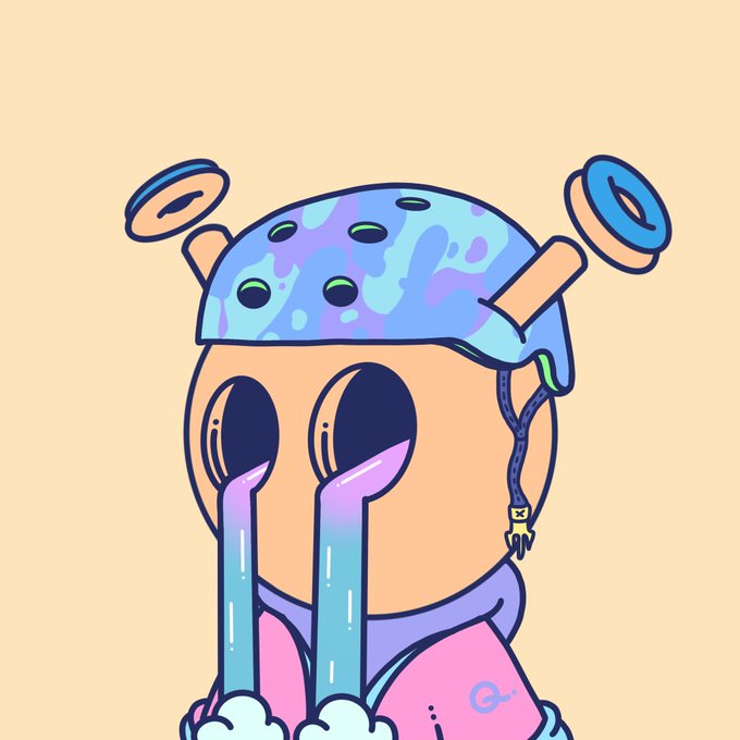 Cute cartoon illustration of a crying character with large black eyes dripping tears, wearing a blue patterned cap with floating donut-shaped objects and a pink shirt, signed '@' on a peach background.