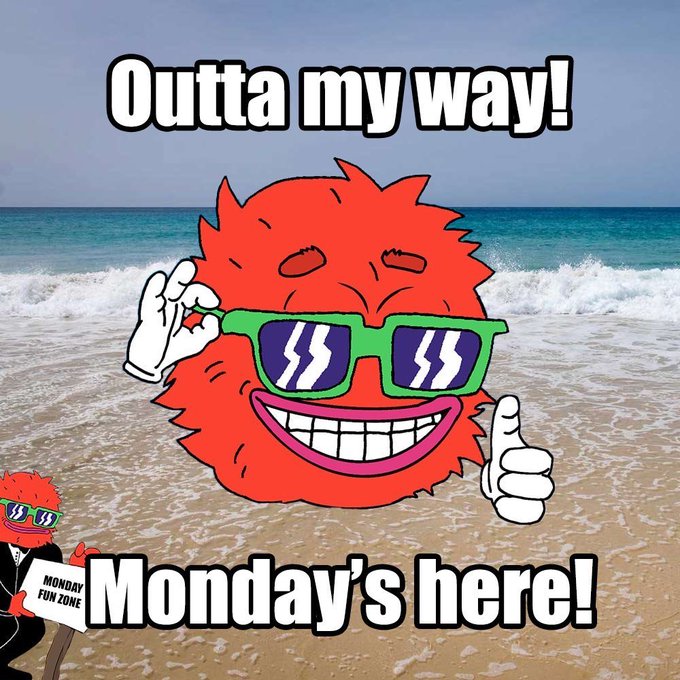 A cheerful red furry character wearing green sunglasses gives a thumbs-up on a sunny beach, with bold text reading "Outta my way!" at the top and "Monday's here!" at the bottom, promoting a Monday meme from "Monday Fun Zone." The post "Gwolfi" appears unrelated to the meme's main content but may indicate the account sharing the humorous Monday motivation image.