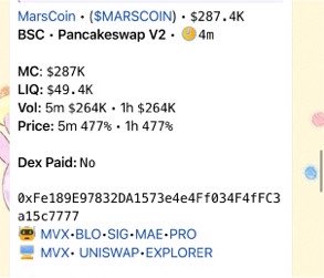 A screenshot displays cryptocurrency tracking information for MarsCoin ($MARSCOIN) on Pancakeswap V2, showing a market cap of $287K, liquidity of $49.4K, and a 477% price increase within both 5-minute and 1-hour timeframes, with the contract address 0xFe1B89E97832DA1573e4e4Ff034F4fFC3a15c7777 visible. The post's claim about massive returns from "calls" appears hyperbolic, as the image shows the token only recently spiking to a modest $287K market cap—not anywhere near the $1 million figure suggested in the caption.