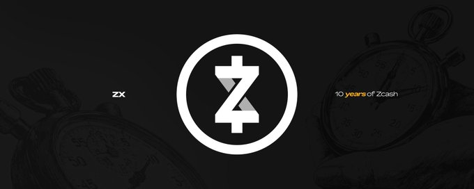 A dark promotional graphic shows the white Zcash “Z” logo inside a circle, with “ZX” at left and “10 years of Zcash” at right over stopwatch imagery. It accompanies the announcement that Zcash Network Upgrade 7 mainnet activation is set for block 3,543,405, around November 5, 2026.