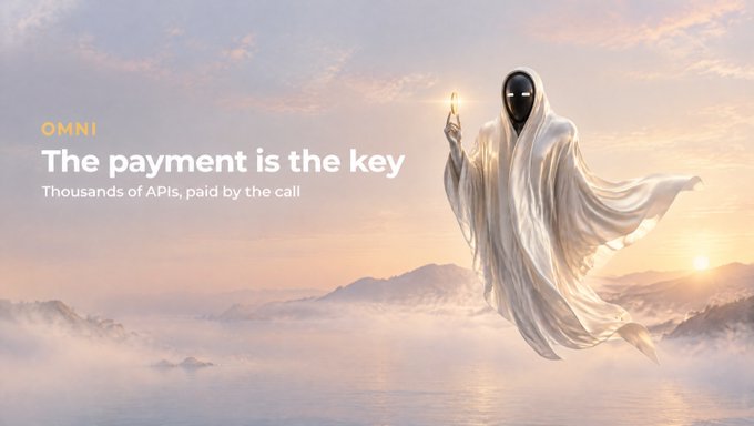 A banner for OMNI showing a hooded figure floating above clouds at sunrise, with the text “The payment is the key” and “Thousands of APIs, paid by the call.”