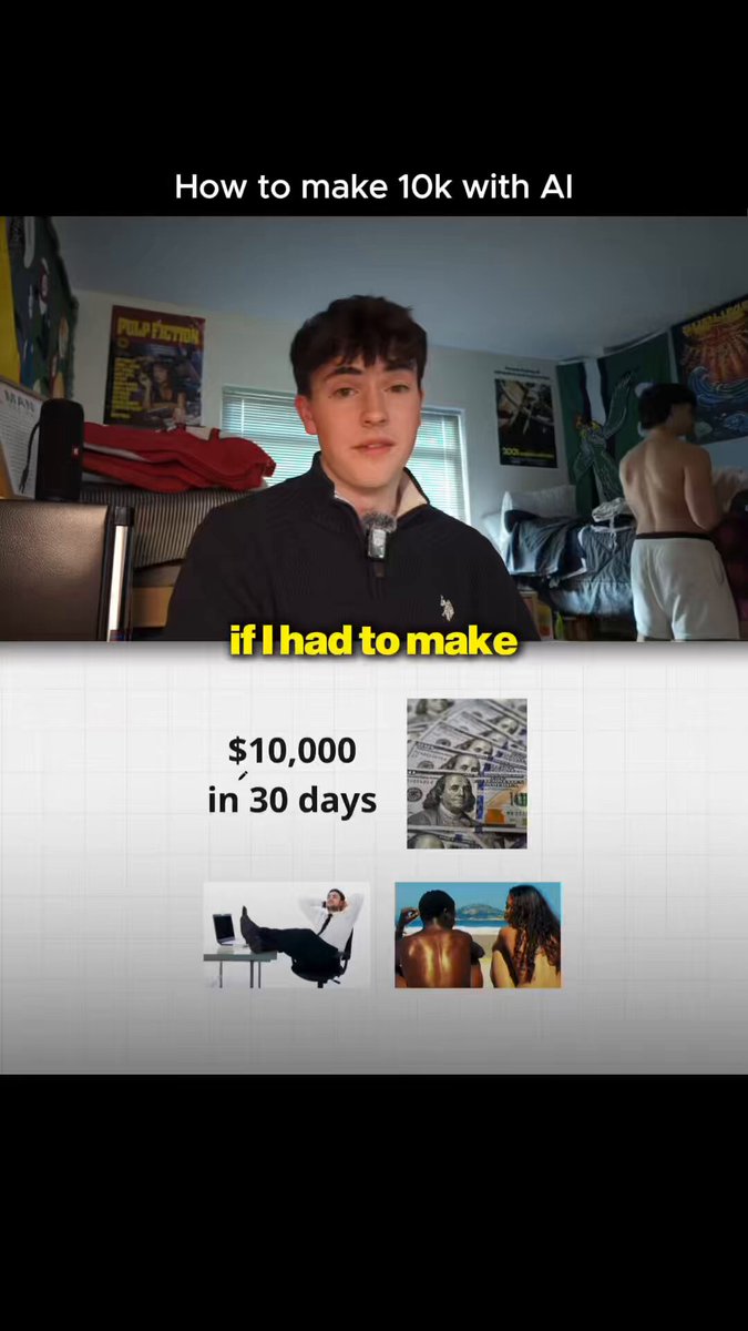 "How To Make 10k with AI" appears to be an advertisement for software or a program designed to help someone make money through investing, typically referred to as "making $10K within 30 days". The ad shows several people on social media platforms like Facebook and Instagram, which are often used by businesses to promote their products. In the image, there is a man standing in front of a computer screen that appears to show multiple ads for different products or services related to making money through investing.