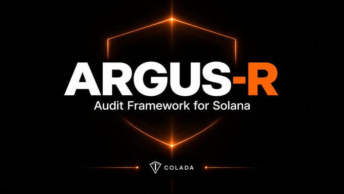 Logo for "ARGUS-R Audit Framework for Solana" by Colada, shown in white and orange text on a black background with a shield-like emblem.