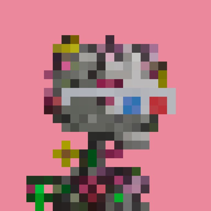 A pixel art character with blocky gray, white, and multicolored features appears against a solid pink background, resembling a stylized zombie or creature.