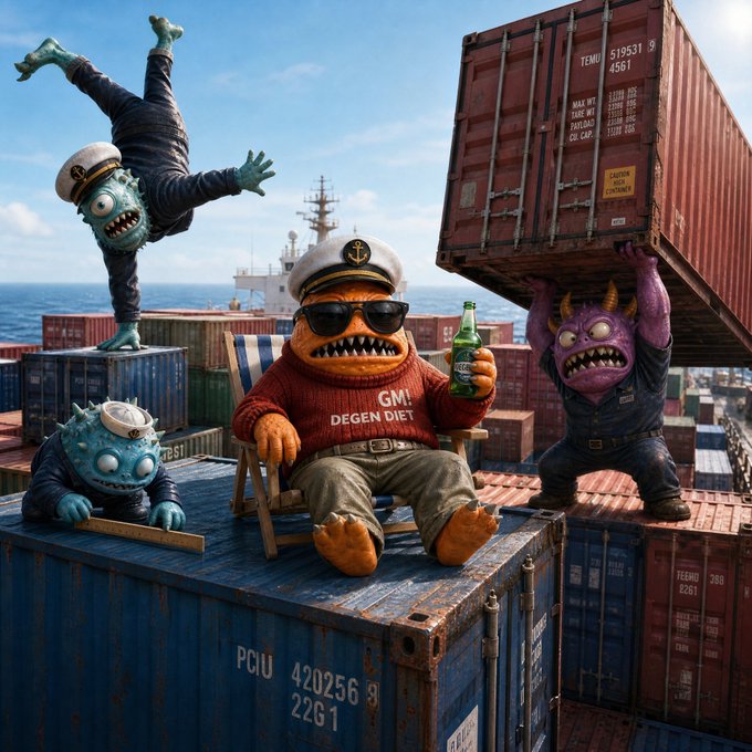 A whimsical digital illustration shows colorful monster characters on a shipping cargo ship, with a central captain figure wearing sunglasses and a 'GM! DEGEN DIET' sweater holding a beer, while others lift containers.