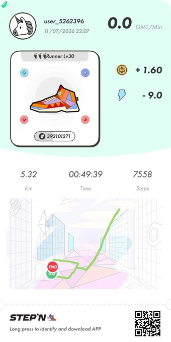 A STEPN app screenshot showing a 'Runner Lv30' digital sneaker NFT, with 0.0 GMT/Min, +1.60 GMT, -9.0 GST, and stats of 5.32 km, 00:49:39 time, and 7558 steps.