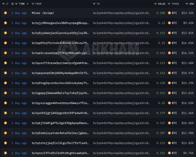 This Arkham Intelligence screenshot shows a series of Bitcoin transactions with varying values and USD equivalents, illustrating the significant amounts of BTC that are reportedly being lost due to a Coldcard wallet vulnerability.