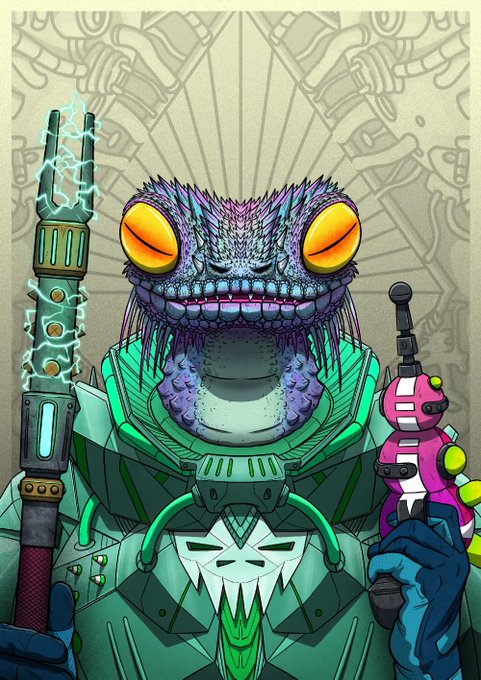 A vibrant digital illustration of a reptilian humanoid character with bright yellow eyes, wearing green armor and holding a glowing, electrified weapon alongside a pink gun.