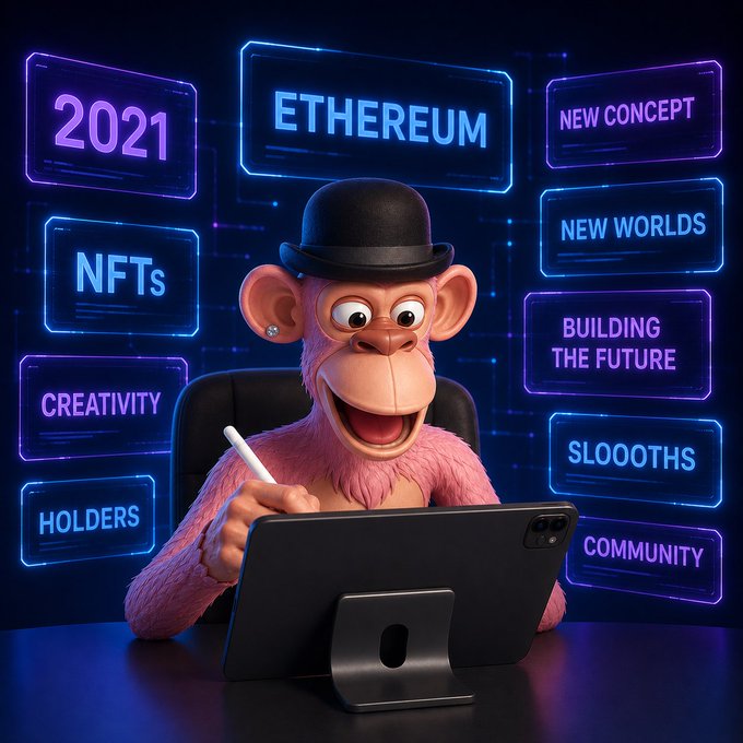 A pink cartoon monkey wearing a black bowler hat sits at a tablet with a stylus, surrounded by neon signs reading '2021', 'ETHEREUM', 'NFTs', 'CREATIVITY', 'HOLDERS', 'NEW CONCEPT', 'NEW WORLDS', 'BUILDING THE FUTURE', 'SLOOOTHS', and 'COMMUNITY'.