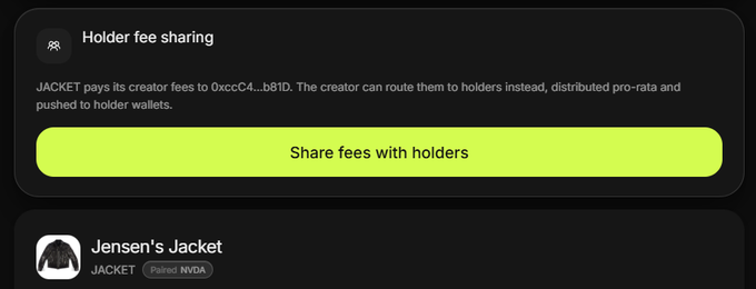A dark interface showing 'Holder fee sharing' for JACKET, indicating creator fees go to address 0xccC4...b81D, with a yellow 'Share fees with holders' button and a listing for 'Jensen's Jacket'.