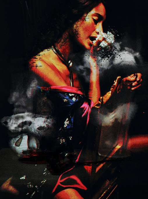 A dark, artistic image shows a person exhaling smoke or vapor, with their hand near their mouth and dramatic red and blue lighting creating a moody atmosphere.
