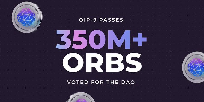 Promotional graphic with a starry background featuring orbs and text reading 'OIP-9 PASSES 350M+ ORBS VOTED FOR THE DAO'.
