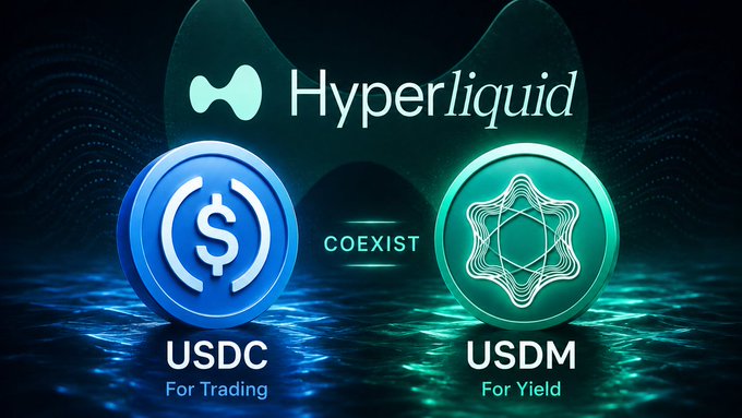 The image displays a Hyperliquid promotional graphic featuring the Hyperliquid logo at the top, with two circular tokens below: a blue USDC token labeled "For Trading" on the left and a teal USDM token labeled "For Yield" on the right, connected by the word "COEXIST" in the center, visually illustrating how USDM and USDC serve distinct, complementary purposes within the Hyperliquid ecosystem rather than competing as similar stablecoins like USDH did.