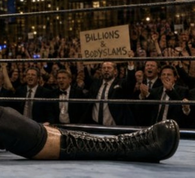 A wrestling scene showing a leg in a black boot lying on the mat while a crowd of cheering suited men in the background holds a sign reading 'BILLIONS & BODY SLAMS'.