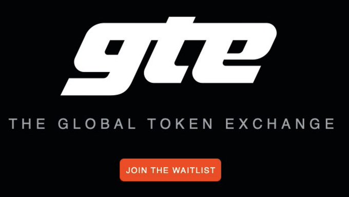 The image shows the "GTE - The Global Token Exchange" logo in bold white text on a black background, featuring a "Join the Waitlist" button in orange. The graphic serves as a promotional visual accompanying the announcement that GTE's waitlist is live with $25M+ raised and Paradigm backing, encouraging viewers to reserve their username via the provided link.