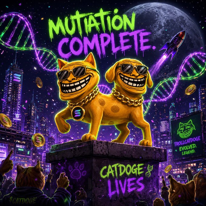 The image features two cartoon dogs wearing sunglasses and standing next to each other with a crowd of people surrounding them. The background shows a cityscape, indicating that they are in an urban setting. The caption reads "MUTATION COMPLETE. CATDOGE LIVES", suggesting that the image is related to the CatDogge Lives series or a meme-related event.