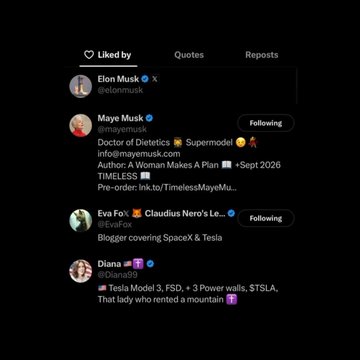 The image shows a dark-themed X (Twitter) likes page featuring Elon Musk (@elonmusk) at the top, followed by other accounts including Maye Musk (marked as "Following") with the text "Doctor of Dietetics 🤗 Supermodel 👗 info@mayemusk.com Authenc A Woman Makes A Plan 🗓 • Sept 2026 TIMELESS 📷 Pre-order: lnk.to/TimelessMayeMu...", Eva Fox (@EvaFox), and Diana (@Pedela_). A ticker-related post by Diana reads "Tesla Model 3, FSD + 3 Power walls. $TSLA. That lady who rented a mountain."

The image relates to the accompanying post by highlighting Elon Musk's recent engagement activity on X, specifically his like on a community-made $SWOGE Doge post—a Doge-themed meme—which represents the first Doge-related content he has actively engaged with since the original $DOGE.
