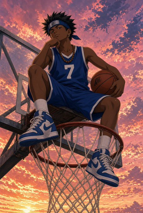 An anime-style illustration shows a basketball player wearing a blue jersey with the number 7, sitting atop a hoop at sunset with a basketball in hand. The image's "throne" imagery visually echoes the @0xCyberThrone project referenced in the post, which positions NFTs as digital "thrones" or identities for holders to build commercial content around.