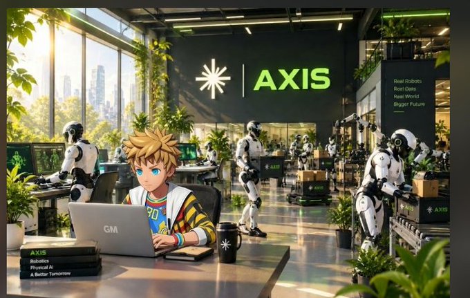 An anime-style illustration of a young boy with spiky blond hair working on a laptop in a futuristic office with humanoid robots, labeled 'AXIS' with the tagline 'Real Robots Real Data Real World Bigger Future.'