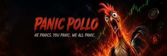 Banner for 'PANIC POLLO' featuring a panicked rooster against a fiery background with cryptocurrency symbols and the tagline 'HE PANICS. YOU PANIC. WE ALL PANIC.'
