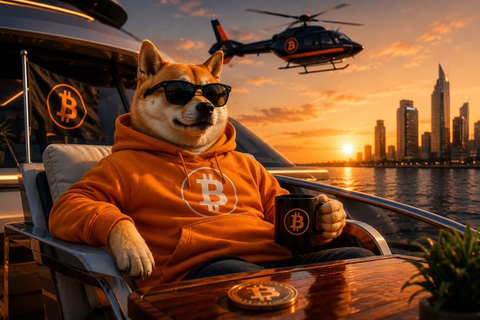 A digital artwork of a Shiba Inu dog wearing sunglasses and an orange Bitcoin hoodie, sitting on a yacht at sunset holding a Bitcoin mug, with a helicopter and city skyline in the background.