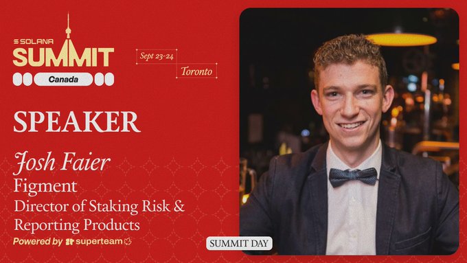 A promotional graphic for the 'SOLANA SUMMIT Canada' (Sept 23-24, Toronto) featuring speaker Josh Faier from Figment, Director of Staking Risk & Reporting Products.