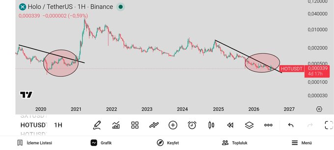 The image shows a long-term 1H chart of the Holo/TetherUS (HOTUSDT) pair on Binance, with the price currently hovering near 0.000339 (down 0.59%), nearly mirroring its 2020 lows highlighted by red ellipses on both ends of the timeline. The flat, sideways trajectory across several years emphasizes the post's frustration that $HOT has remained pinned to its absolute lows despite ongoing project developments.