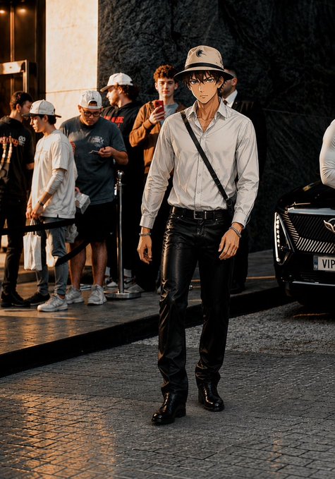 A stylish anime-style figure wearing a white fedora, fitted dress shirt, and sleek black leather pants stands confidently on a city street, with a VIP luxury car and a small crowd visible in the background. The "VIP" text on the car's license plate subtly aligns with the post's request for a "Gm back," adding a playful, high-status flair to the morning greeting.