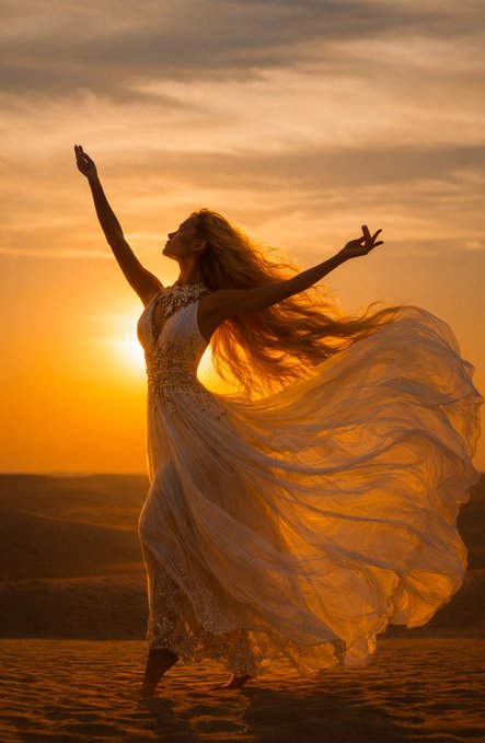 A woman in a flowing white gown stands barefoot with arms outstretched against a golden sunset, her hair and dress billowing in the wind. The image captures the ethereal, radiant essence of the "Eternal Glow" piece from "The Happy Valley" Collection, visually reflecting the gratitude and warm sentiment expressed in the post for the successful sale to @RobertRankine.