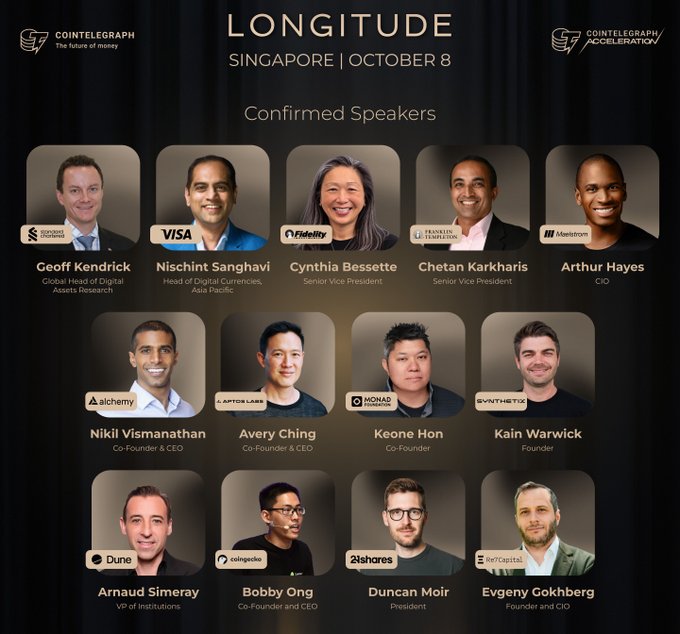 The image is a promotional graphic for the Cointelegraph LONGITUDE Singapore event on October 8, showcasing 13 confirmed speakers including Geoff Kendrick (Standard Chartered), Nischint Sanghavi (Visa), Cynthia Bessette (Fidelity), Chetan Karkhanis (Franklin Templeton), Arthur Hayes (Maelstrom), Nikhil Viswanathan (Alchemy), Avery Ching (Aptos Labs), Keone Hon (Monad), Kain Warwick (Synthetix), Arnaud Simeray (Dune), Bobby Ong (CoinGecko), Duncan Moir (21shares), and Evgeny Gokhberg (Ivy Capital), with the event being co-branded with Cointelegraph Acceleration.