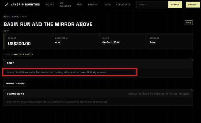 The image shows a VanGrid Bounties page for bounty #014 titled "BASIN RUN AND THE MIRROR ABOVE," offering a US$200.00 reward from buyer "0xc8cd…2014" on the Base network, with the brief describing an indoor circulation cluster featuring two basins, a run, and a mirror. The highlighted brief illustrates how contributors can submit simple video captures of everyday spaces—like bathrooms with basins and mirrors—which are then accepted for rewards and processed into 3D reconstructions with real-world colors and textures.