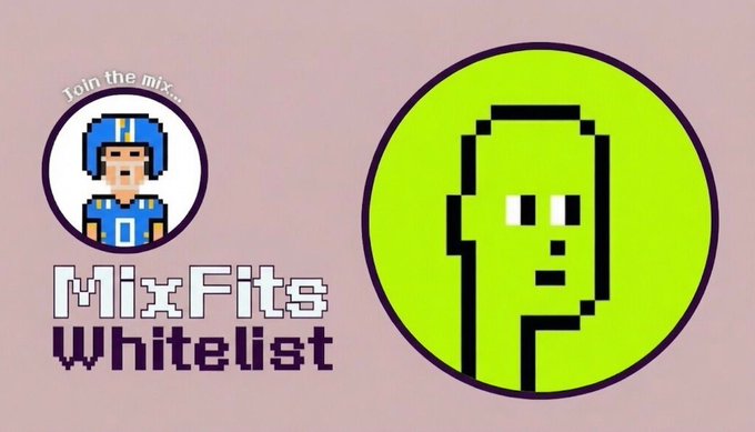 Promotional graphic for 'MixFits Whitelist' featuring a pixel art character with a blue helmet and a large green logo with a pixelated figure.