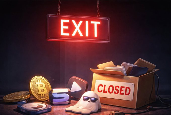 A graphic depicting a neon 'EXIT' sign above a cardboard box labeled 'CLOSED,' alongside cryptocurrency coins, app icons, and a small ghost figure, suggesting a platform shutdown.