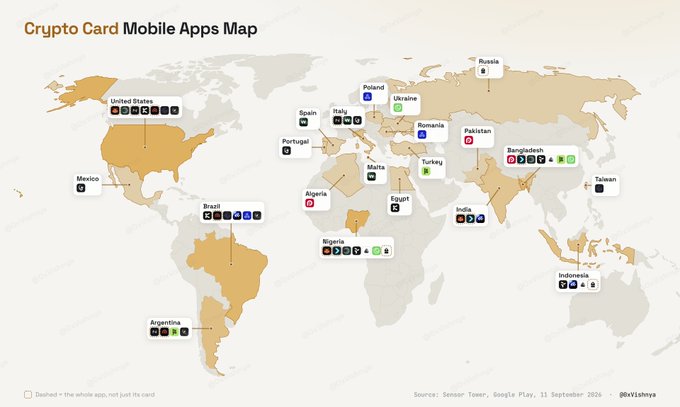 A world map titled "Crypto Card Mobile Apps Map" displays the top three markets by Android installs for 18 crypto card apps (tracked by Sensor Tower as of September 11, 2025), with each country showing which apps are popular there, complementing the accompanying post by illustrating the global distribution of top-downloaded crypto card apps including RedotPay, MetaMask, and BitgetWallet.