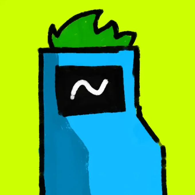 A cartoon drawing on a yellow-green background of a blue Among Us character with green spiky hair, wearing a black visor with a white squiggly line resembling an electrocardiogram.