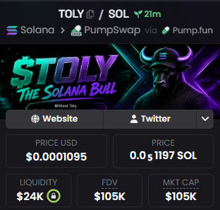 A cryptocurrency listing for TOLY/SOL showing a price of $0.0001095, with prices sourced from Solana via PumpSwap and Pump.fun.