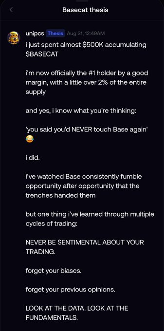 A screenshot of a Discord message in the 'Basecat thesis' channel where user unipcs (with the 'Thesis' badge) shares that they spent almost $500k accumulating $BASECAT and now hold over 2% of the supply, emphasizing not to be sentimental about trading.