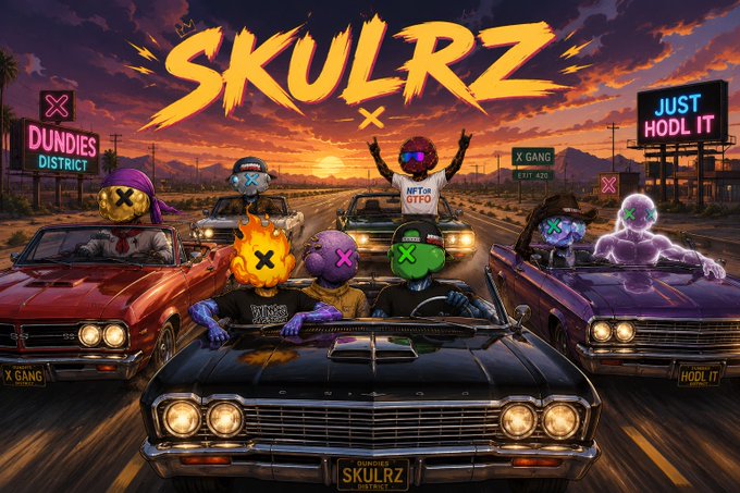 A vibrant digital illustration featuring cartoon characters with skull-like and X-eyed faces riding in classic muscle cars down a desert highway at sunset, with the title 'SKULRZ' prominently displayed above.