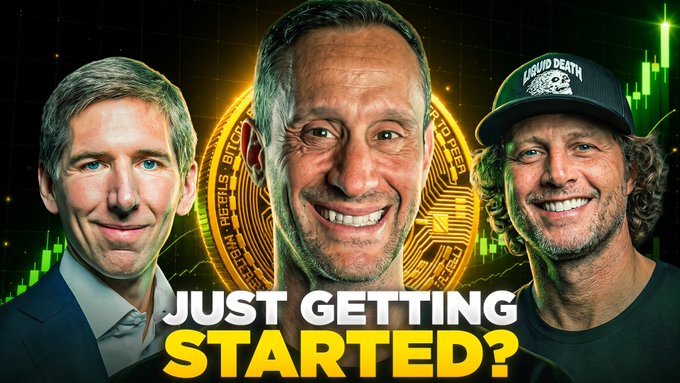 A promotional video thumbnail featuring three smiling men with the text 'JUST GETTING STARTED?' displayed alongside a Bitcoin graphic.