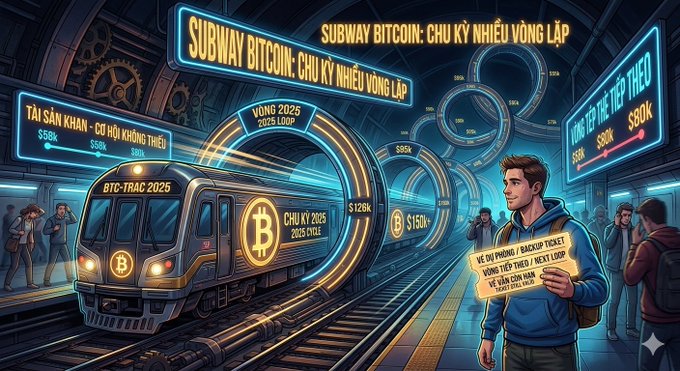 A cyberpunk-style illustration of a subway station labeled "SUBWAY BITCOIN: CHU KỲ NHIỀU VÒNG LẶP" and "BTC-TRAC 2025", showing a Bitcoin-branded train and a man holding tickets with Vietnamese text referencing crypto cycles and Bitcoin halvings.