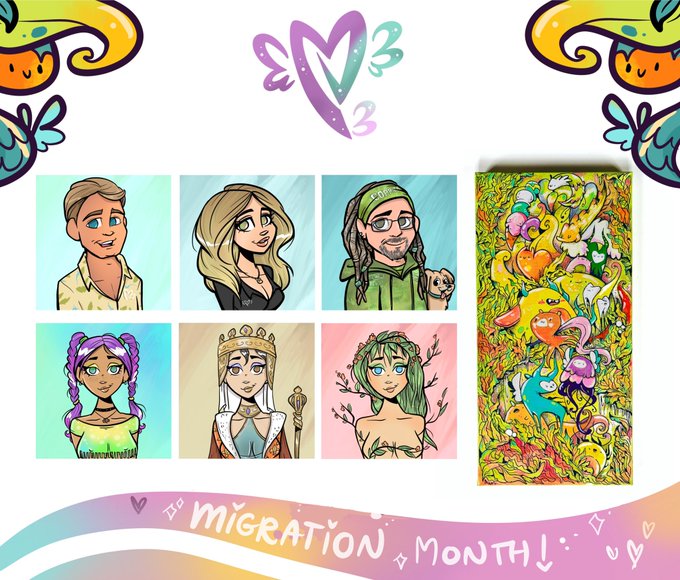 A colorful illustration titled 'MIGRATION MONTH!' shows six cartoon character portraits alongside a vibrant psychedelic scene with the number '3' and a heart-shaped logo at the top.