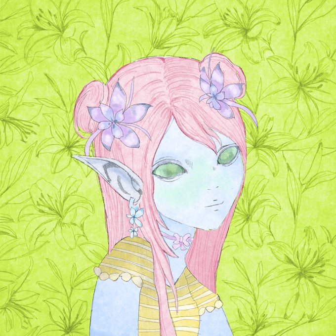 A hand-drawn colored pencil or pastel illustration of an elf-like character with pale blue skin, pointed ears, pink hair styled in buns, and purple flower accessories, set against a lime-green background with faint floral patterns.