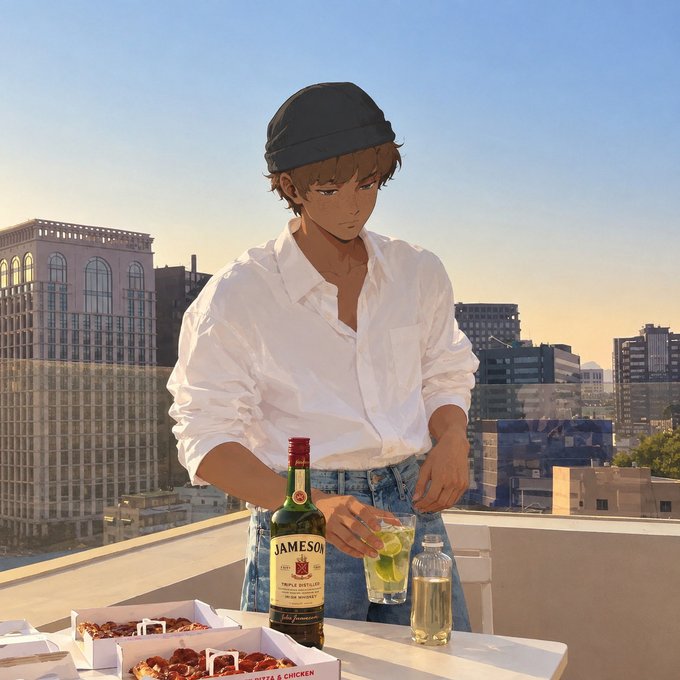 A stylish anime-style illustration depicts a young man wearing a black beanie and an open white button-up shirt standing on a rooftop at sunset, preparing a drink with a bottle of Jameson Irish Whiskey, lime wedges, and a mixer beside pizza boxes labeled "CHICKEN." The accompanying post mentions various NFT and Web3 projects like @hoodminers_rh, @quipnetwork, and @sleepagotchi, which loosely connect to the image's modern, urban aesthetic and the idea of enjoying a relaxed evening—perhaps suggesting winding down after a long day in the fast-paced crypto and NFT space, though the projects themselves aren't visually depicted.