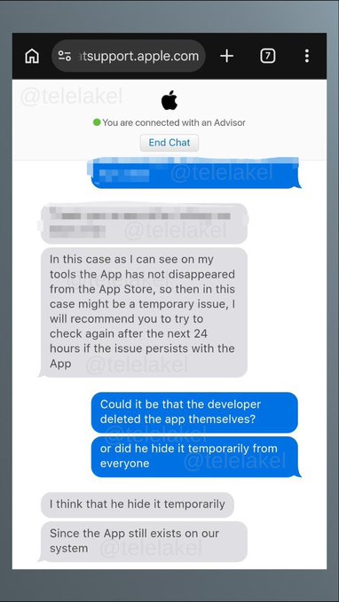 The image shows a screenshot of an Apple Support chat conversation on getsupport.apple.com where an Apple Advisor explains that the App still exists in their system and may have been temporarily hidden, possibly by the developer, rather than being permanently removed from the App Store.